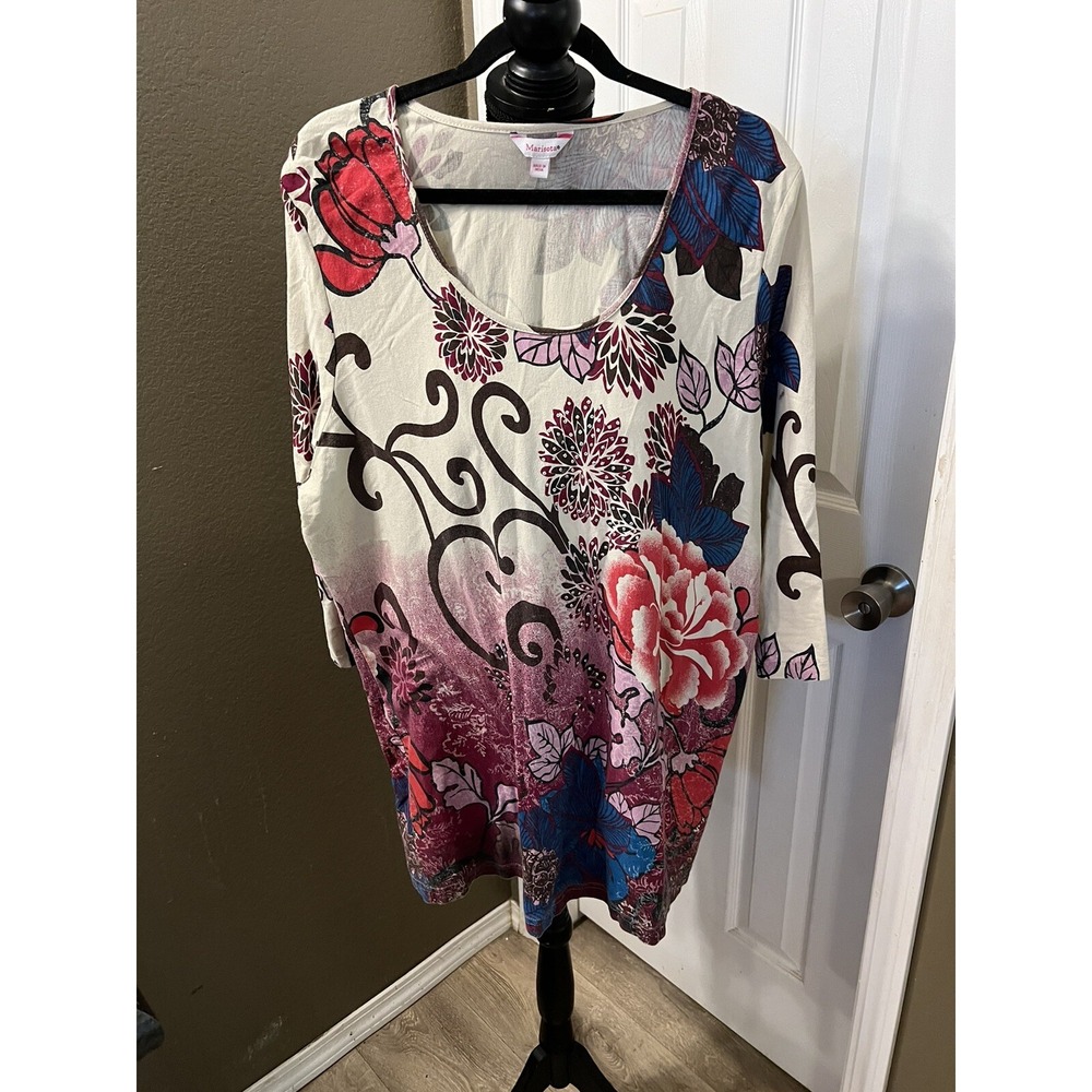 MARISOTA Size 18 Cream Multi Print Tunic Length 3/4 Sleeve Top /dress
